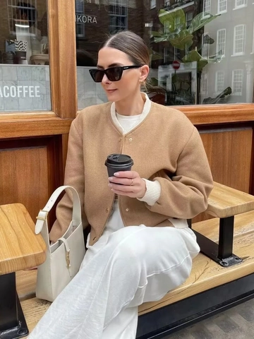 Women Short Contrast Ribbed Bomber Jacket Streetwear Polyester Moto Style Outerwear With Metal Buttons