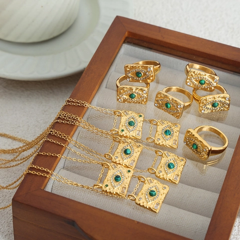 Vintage Böser Blick Schmuckset Gold Titanstahl Rechteckiger Anhänger Halskette Zirkonia Ring Für Damen Luxus Accessoires