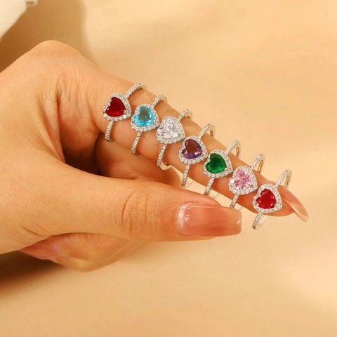 Adjustable Heart Shaped Copper Ring For Women Colorful Rhinestone Open Finger Ring Fashion Jewelry Wedding Party Gift