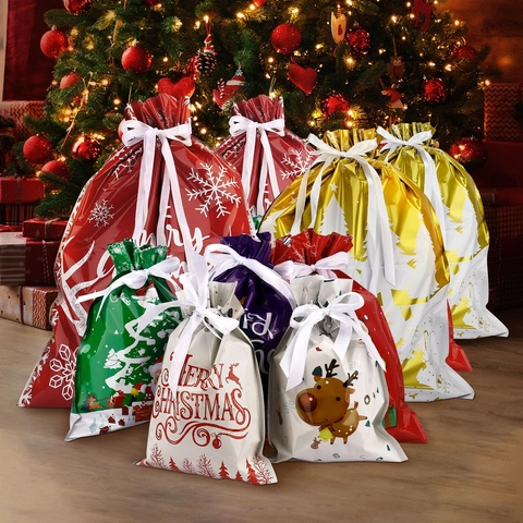 Christmas Gift Bags Drawstring Plastic Wrapping Pouch Santa Reindeer Pattern Holiday Party Candy Favors Waterproof