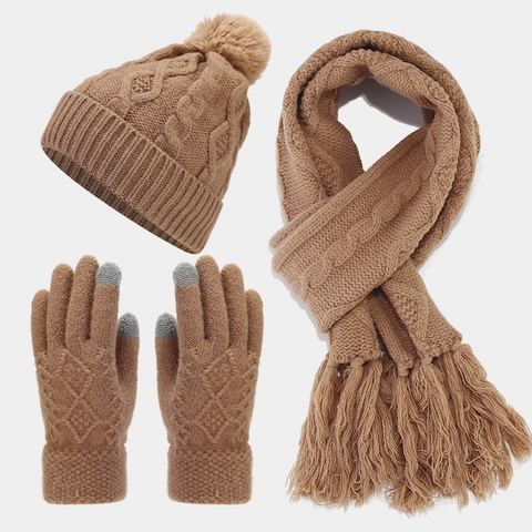 Berretto Sciarpa E Guanti Touchscreen In Maglia Acrilica Trecce Pompon Caldo Outdoor Casual