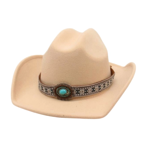 Western Cowboy Hat Polyester Felt Wide Brim Vintage Ethnic Woven Band Turquoise Accent For Men Women