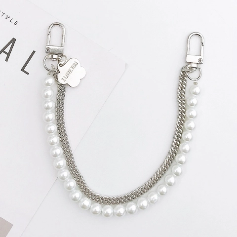 Double Layer Faux Artificial Pearl And Alloy Metal Handheld Chain Strap With Flower Pendant For Bag Phone Case DIY Decoration Women