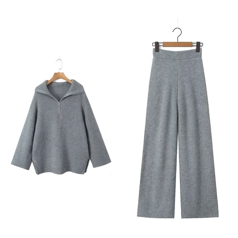 Damen Strickpullover Mit Viertel Reißverschluss Und Weite Hose Mit Hoher Taille Rippstrick Langarm Lounge Outfit