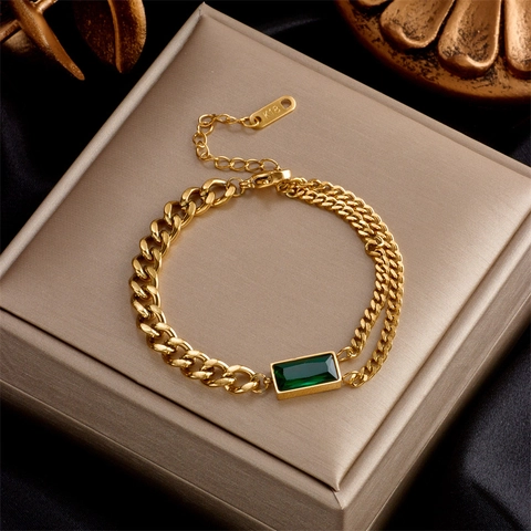 Bracciale A Catena Asimmetrica Acciaio Al Titanio Placcato Oro Zircone Rettangolo Verde Gioielli Vintage Per Donne