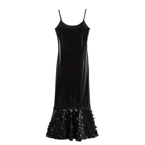 Women Sexy Sequin Maxi Dress Slim Fit High Waist Mermaid Hem Evening Party Slip Dress Elegant Sleeveless