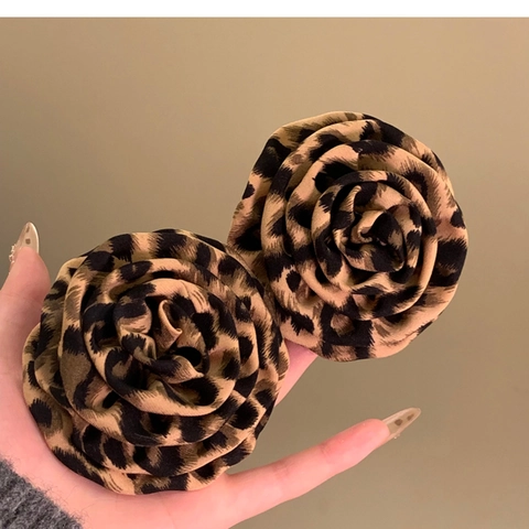 Leopard Print Fabric Rose Flower Stud Earrings With 925 Sterling Silver Earring Post Retro Fashion Floral Women