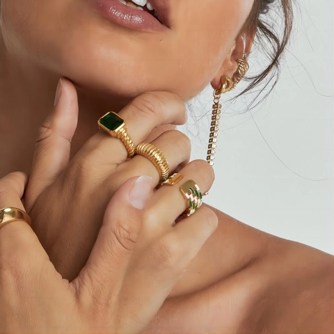 Vintage Stainless Steel Jewelry With Green Zircon Geometric Square Emerald Earrings And Rhinestone Rings For Women