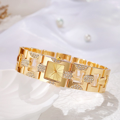 Lussuoso Orologio al Quarzo Quadrato da Donna Bracciale in Lega Pavé Strass Elegante Orologio da Polso Vintage Moda Gioielli