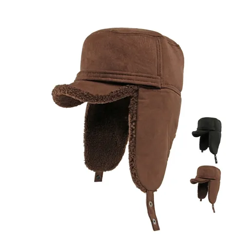 Chapeau Trappeur Homme Hiver Daim Doublé Fausse Fourrure Chapeau Aviateur Avec Protège-Oreilles Coupe-Vent Chaud