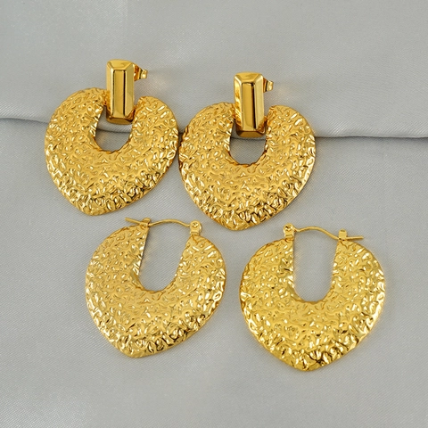Hammered Texture Heart Earrings 18K Gold Plated Stainless Steel Irregular Geometric Hollow Jewelry For Women