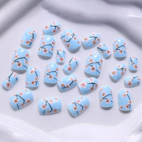 Hellblaue Kirschblüten Nägel Zum Aufkleben Kurze Eckige Künstliche Nägel Mit Goldglitzer Sakura Blumen Design Für Frauen