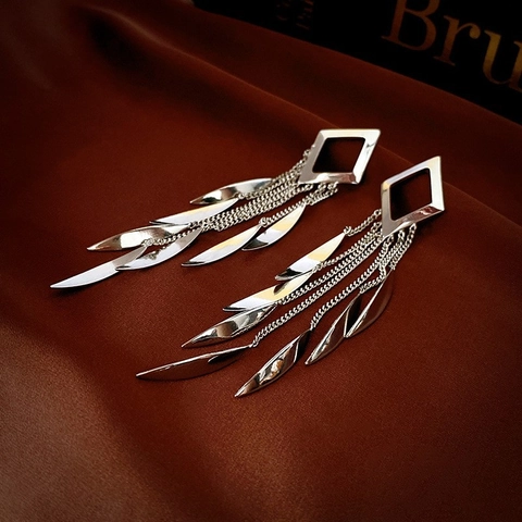 Orecchini A Nappa Con Paillettes A Foglia Geometrico Rombo Lungo Rame Con Perno In Argento Sterling 925