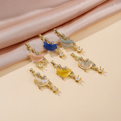 Pendente Luna E Stella Celeste Micro Zircone Resina Rame Placcato Oro 18K Per Creazione Gioielli DIY