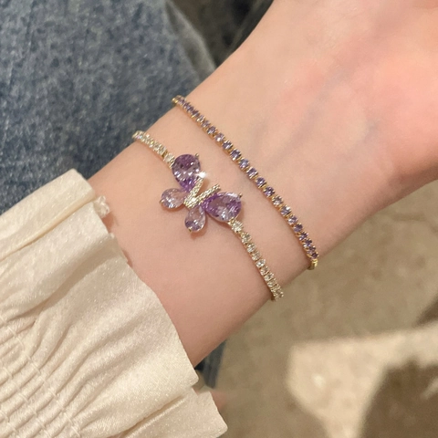 Bracciale Farfalla Regolabile Zircone Viola Rame Placcato Oro Chiusura Scorrevole Gioielli Eleganti
