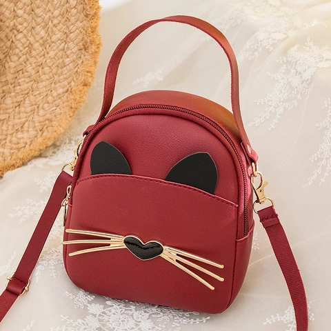 Women Cute Cat Face PU Leather Mini Shoulder Bag Korean Style Animal Ear Crossbody Bag For Girls Teens Fashion Handbag Daily Purse