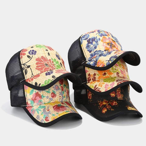 Gorra Trucker Con Estampado Floral De Paja Tejida Malla Transpirable Verano Playa Gorra De Béisbol Protección Solar Ajustable