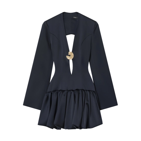 Elegantes Mini-Kleid Aus Satin Mit Tiefem V-Ausschnitt Und Langen Ärmeln Rückenfrei Geraffter Blasen-Saum Mit Goldener Metallschnalle
