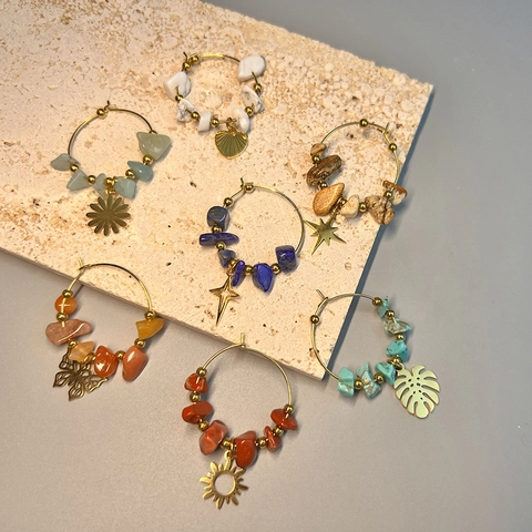 Bohemian Natural Stone Chips Hoop Earrings Stainless Steel Vintage Jewelry For Women Sun Leaf Star Charms