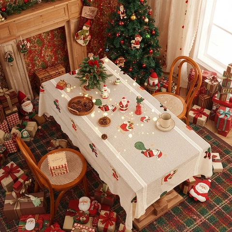 Nappe De Noël Rectangulaire Père Noël Brodé Dentelle Tissu Décoration De Table À Manger De Fête Beige