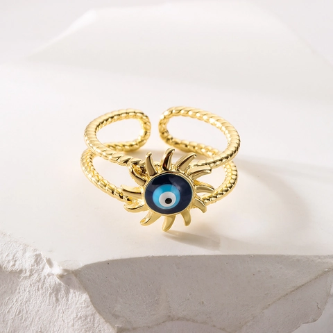 Evil Eye Offener Ring Kupfer Vergoldet Sonnenstrahl Emaille Verstellbar Fingerschmuck Boho Stil Damen