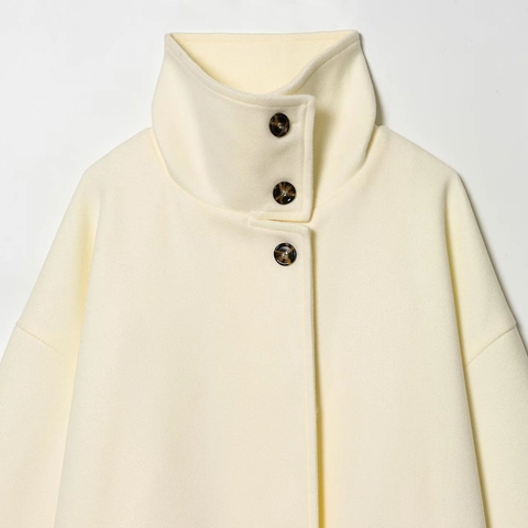 Abrigo de Lana Largo Casual para Mujer Cuello Alto Color Sólido Abotonadura Sencilla Gabardina Blanco Crema Ropa de Invierno