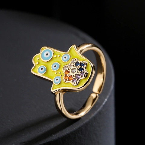 Hamsa Hand Böser Blick Offener Ring Kupfer Vergoldet Bunter Zirkon Emaille Verstellbar Ethnischer Schmuck Damen