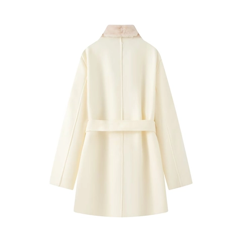 Cappotto Di Lana Da Donna Media Lunghezza Con Collo In Pelliccia Sintetica Rimovibile Cintura Calda Elegante Giacca Invernale Bianco Crema