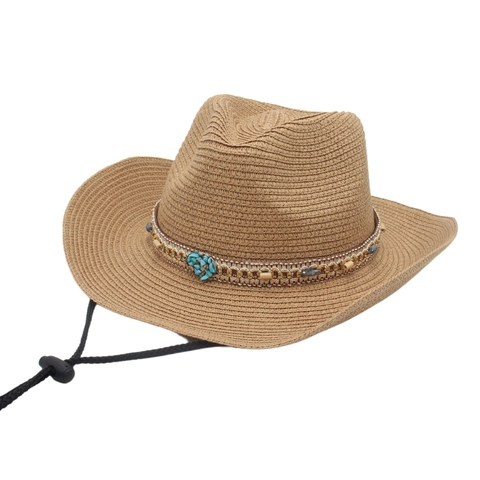 Western Cowboy Straw Hat With Turquoise Beads Ethnic Bohemian Woven Sun Hat Adjustable Chin Strap Outdoor