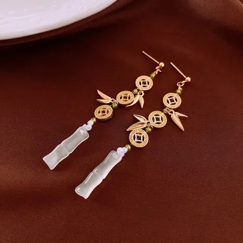 Orecchini Pendenti In Rame Stile Cinese Con Perno In Argento Pendente Foglia Di Bambù Moneta Gioielli Eleganti Donna