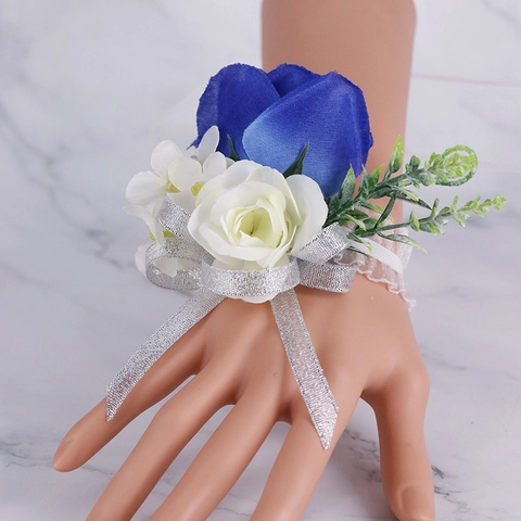 Royal Blue Kunstmatige Roos Boutonniere En Pols Corsage Satijnn Bloem Lint Handgemaakte Accessoires Voor Bruiloft Feest Decor