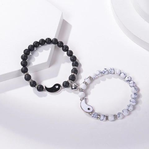 Bracelets À Perles De Couple Yin Yang Coeur Magnétique Pierre Naturelle Quartz Rose Pierre De Lave Pendentifs Alliage