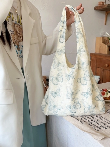 Large Capacity Canvas Tote Bag Butterfly Print Lace Frayed Edge Braided Rope Handle Casual Shoulder Handbag For Women