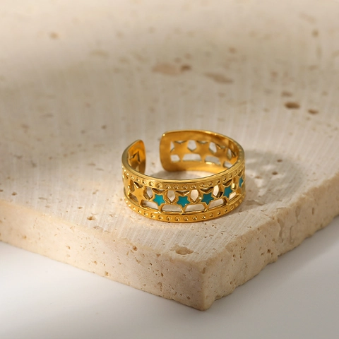 Anello In Acciaio Inossidabile Stella Smalto Placcato Oro 18K Regolabile Aperto Pentagramma Geometrico