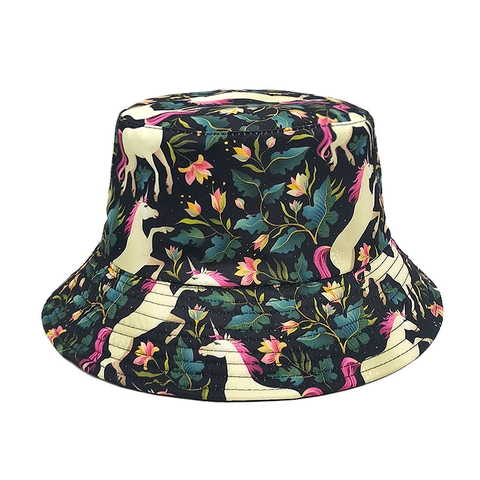 Polyester Bucket Hat Foldable Fisherman Hat Cartoon Unicorn Floral Print Summer Beach Sun Hat For Men Women