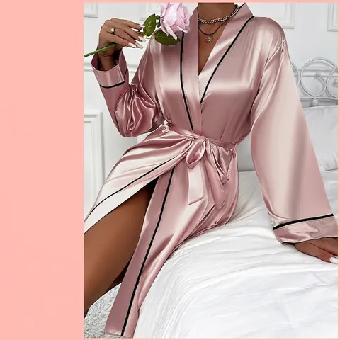 Women Satin Robe Imitation Satin Nightgown V-Neck Piping Belted Sleepwear Mid-Length Homewear Lightweight Comfortable