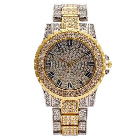 Lussuoso Orologio al Quarzo da Donna con Strass Numeri Romani Cinturino in Metallo Completamente Iced Out Orologio da Polso Elegante