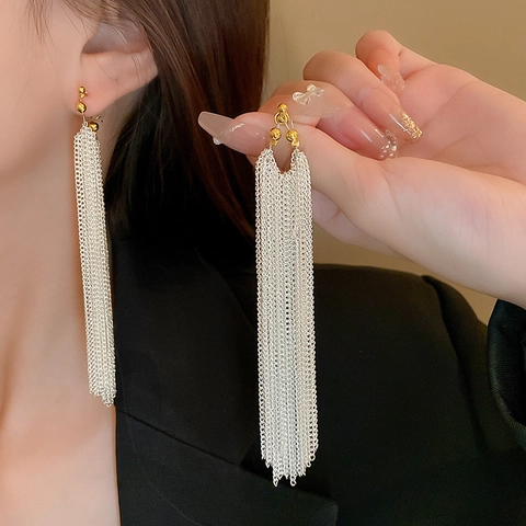 Long Tassel Dangle Earrings For Women Exaggerated Metal Chain Fringe Copper With 925 Sterling Silver Earring Post