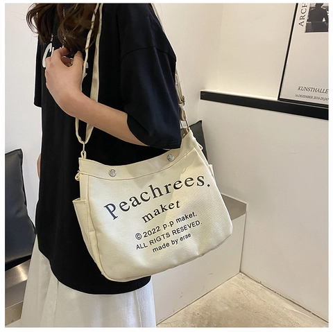 Bolso De Hombro De Lona Para Mujer Gran Capacidad Estampado De Letras Correa Ajustable Bolso De Mano Informal Retro