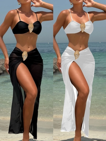 Top De Bikini Para Mujer Braga Y Falda Pareo Hebilla De Metal Concha De Ostra Color Liso Sexy Ropa De Playa