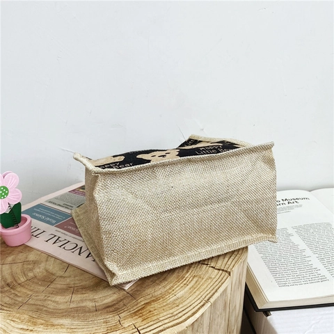 Piccola Borsa Tote In Juta Con Motivo Orso Cartone Animato Borsa Per Pranzo Bento Con Manico In Corda E Chiusura A Bottone Borsa In Tela Portatile