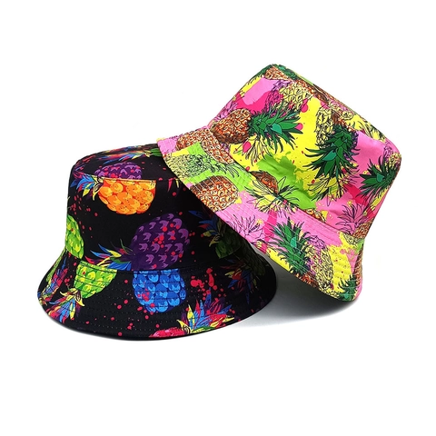 Bucket Hat Tropical Pineapple Floral Print Sun Protection Summer Outdoor Beach Casual Vintage Polyester For Women