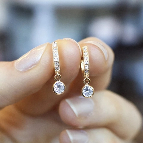 Elegant Gold Plated Brass Hoop Dangle Earrings With Round Cubic Zirconia Women Modern Minimalist Style Jewelry