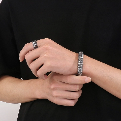 Retro Geschwärzter Drachenschuppen Ring Und Offener Armreif Schmuck Edelstahl Punk Gothic Stil Accessoires Für Männer
