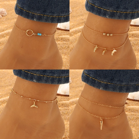 Bohemian Alloy Foot Chain For Women Gold Silver Whale Tail Heart Dolphin Charm Beach Foot Chain Adjustable Accessory