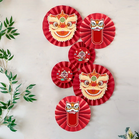 Chinesische Löwentanz Party Deko Papierfächer Banner Karten Für Geburtstag Traditionelles Rot Gold Stil Wandhänger Deko