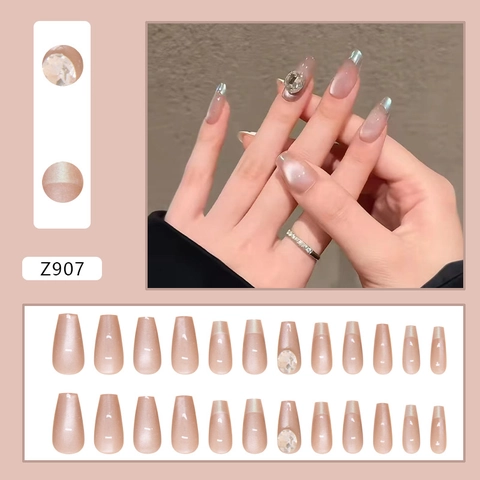 ABS Kunststoff Press On Nägel Lange Sargform Katzenauge Französisch Nude Rosa Funkelnde Strasssteine Elegante Maniküre