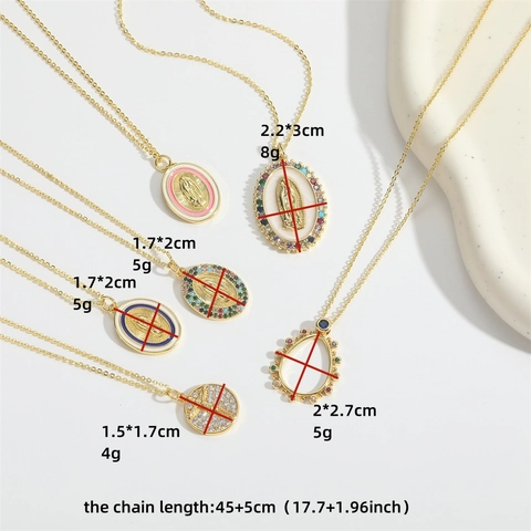 Vintage Copper Zirconia Saint Mary Pendant Necklace For Women Religious Enamel Oval Cross Gold Color Clavicle Chain Jewelry