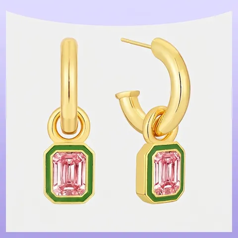Boucles D'oreilles Pendantes Octogonales Vintage Cuivre Plaqué Or Zircon Rose Émail Vert Avec Tige En Argent 925