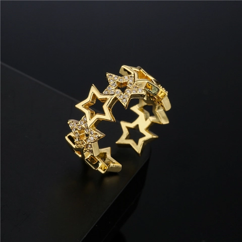 Star Ring Hollow Geometric Copper Cubic Zirconia Open Adjustable Gold Plated Jewelry Gift For Women